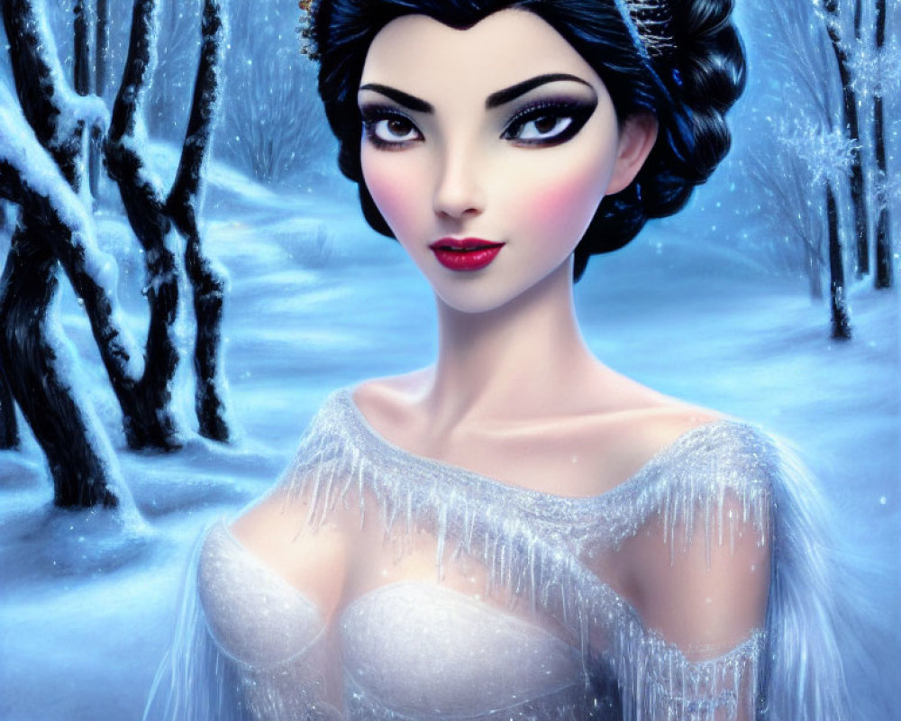 Dark-haired female character in frosty blue gown in snow-covered wintry forest