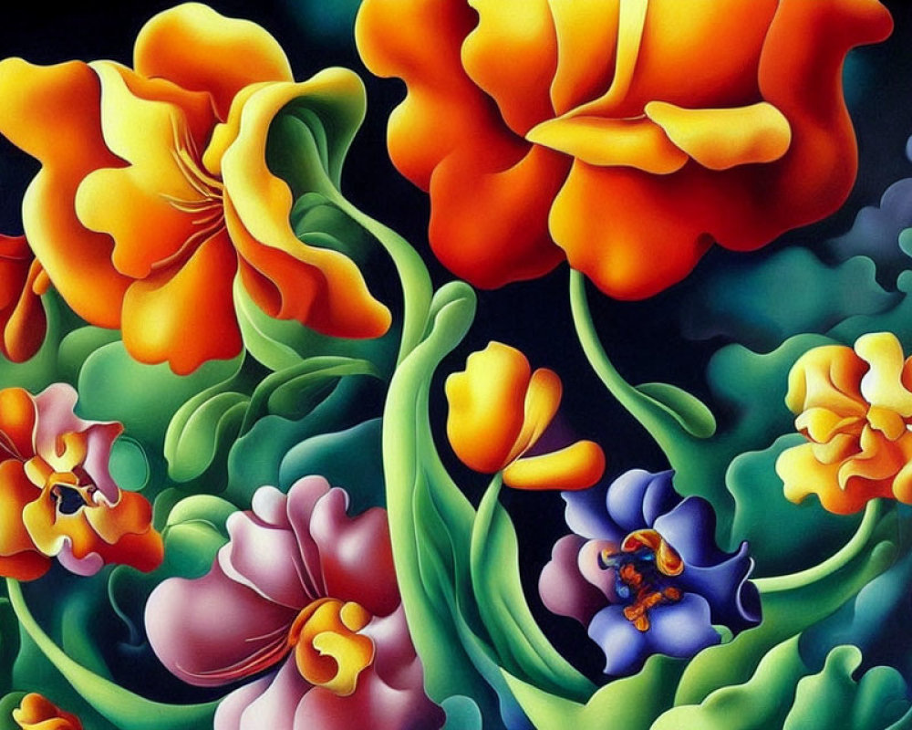 Colorful Stylized Flower Painting on Dark Background