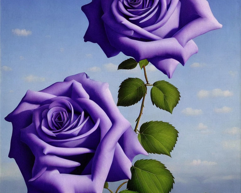 Vibrant purple roses with green leaves on sky-blue backdrop