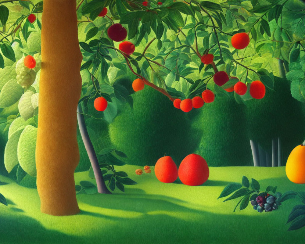 Colorful painting of oversized fruits in lush garden