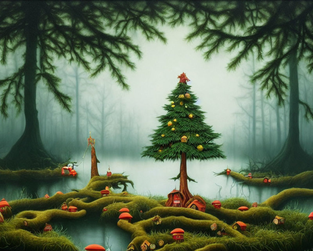 Enchanting Christmas forest with tree, mushrooms, gifts, and fairy creatures