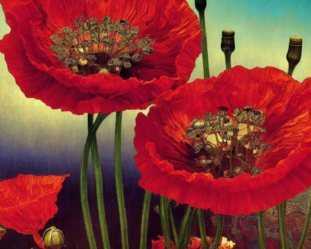 Vibrant red poppies on textured blue background with slender stems.