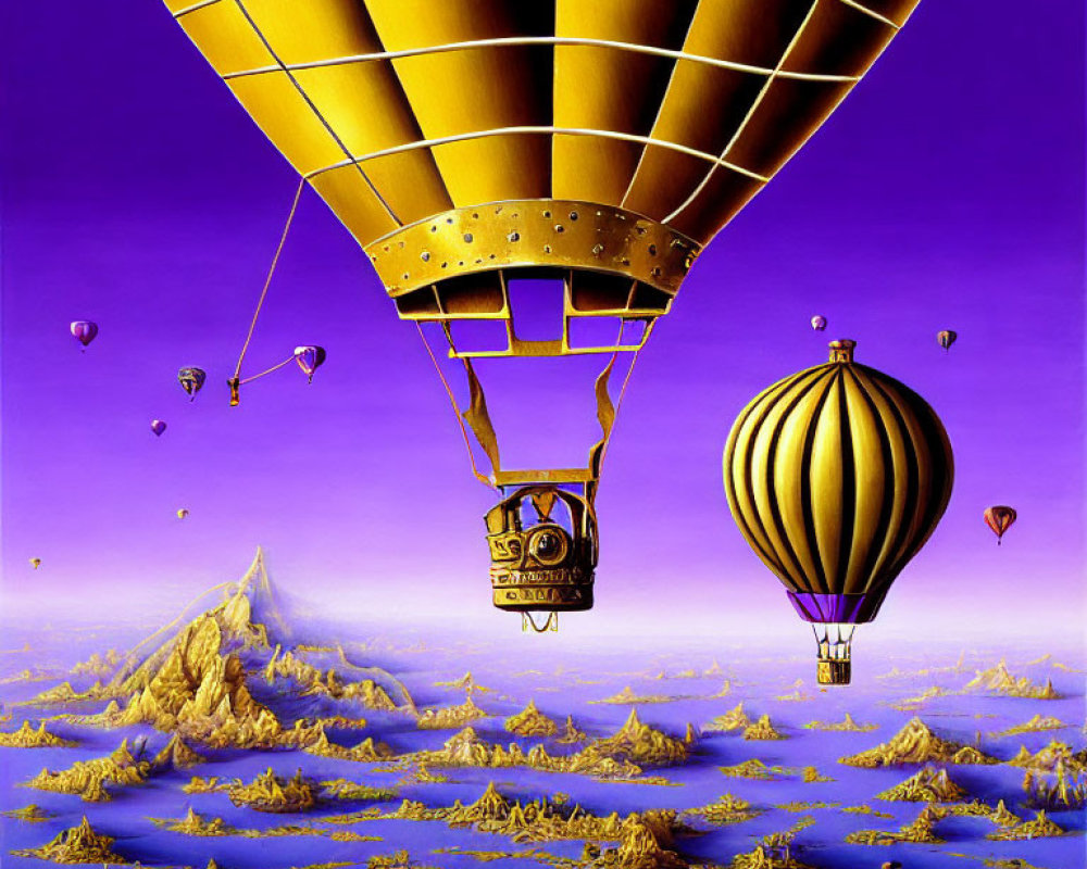 Colorful hot air balloons over purple landscape with rocks and small balloons.