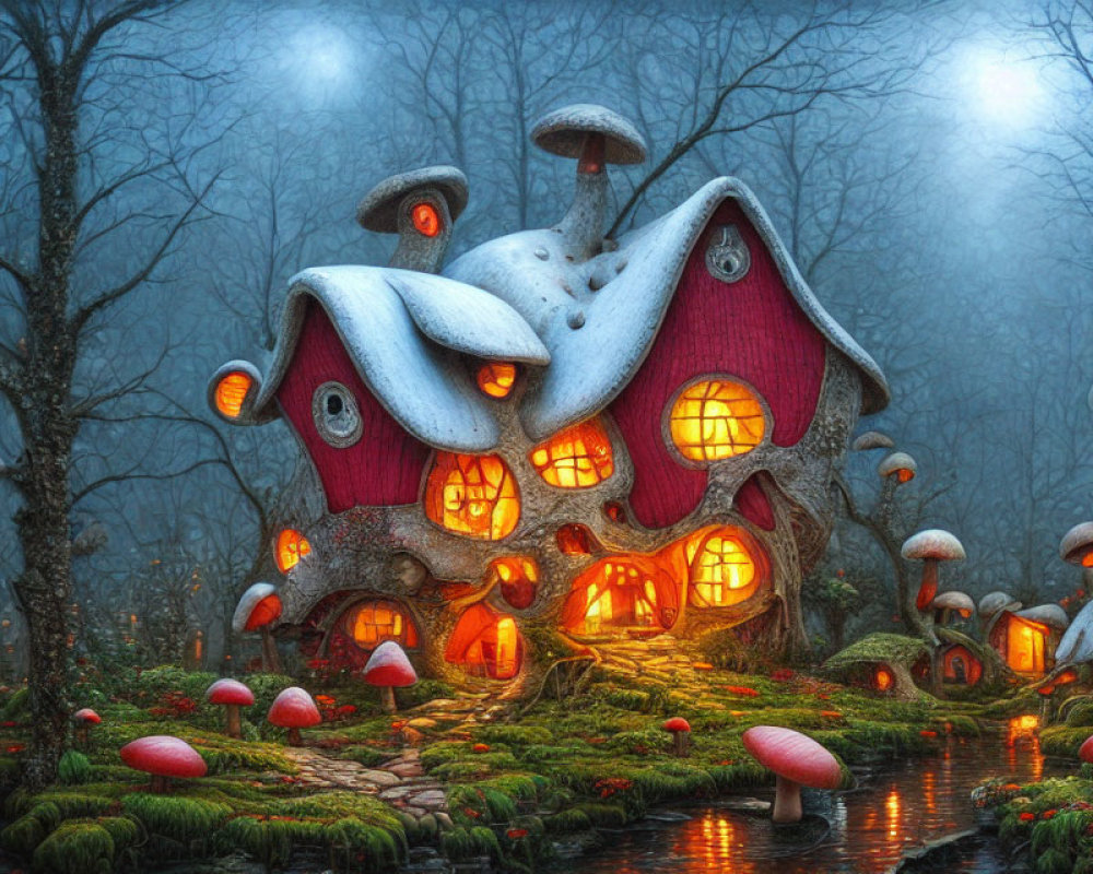 Enchanted forest scene with whimsical mushroom-shaped house