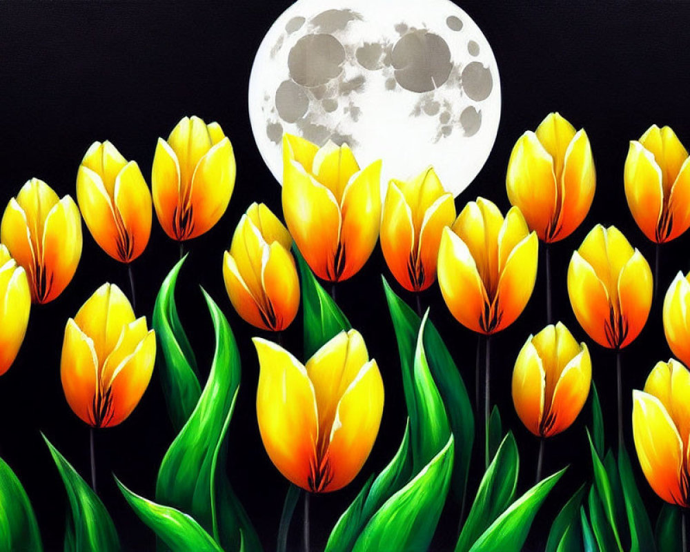 Colorful tulips and full moon against black background