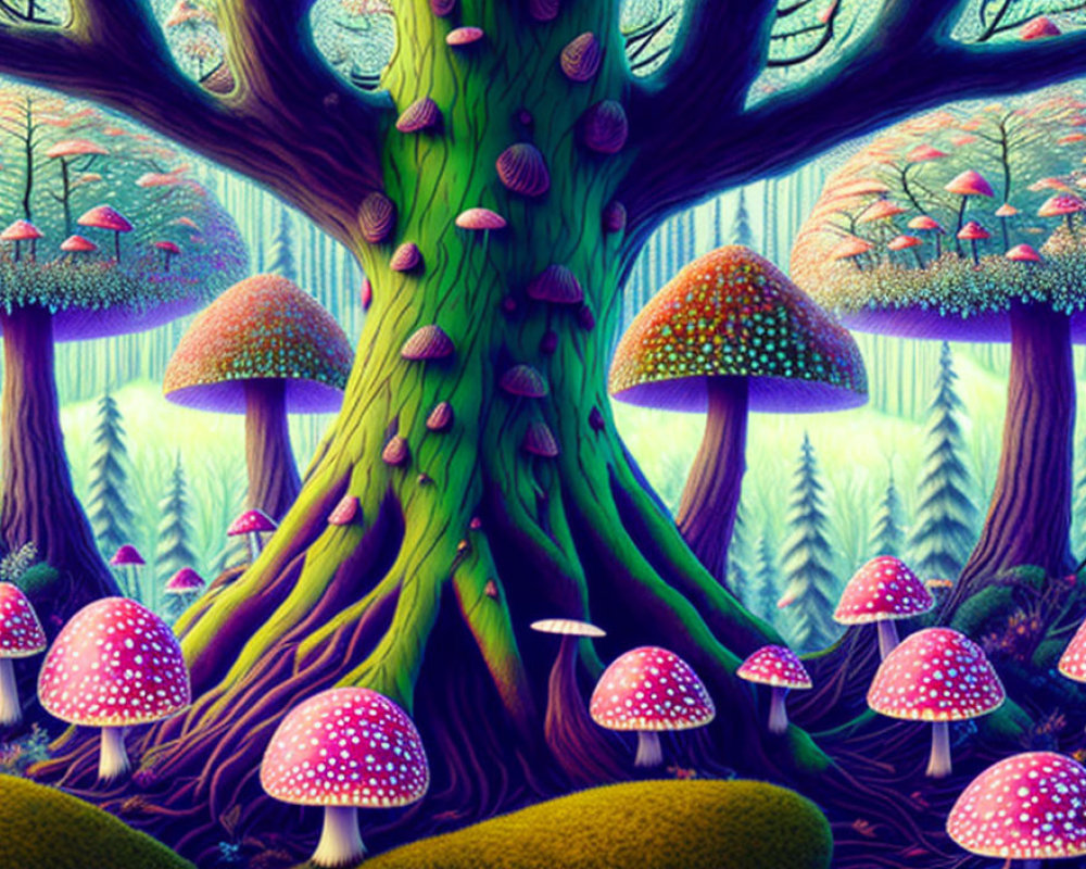 Colorful Mushroom Forest with Dreamlike Trees