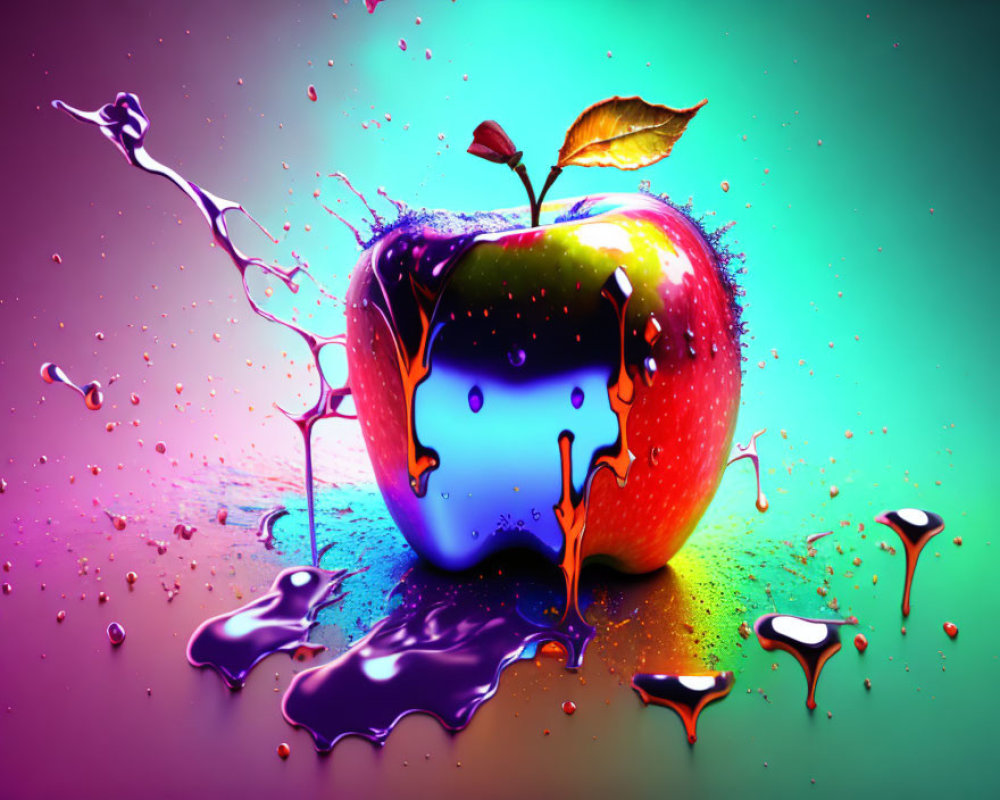 Vibrant glossy apple with liquid splash and leaf on gradient background