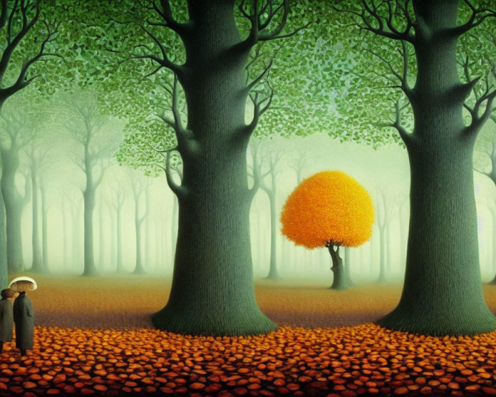 Person with umbrella admiring orange tree in misty forest landscape