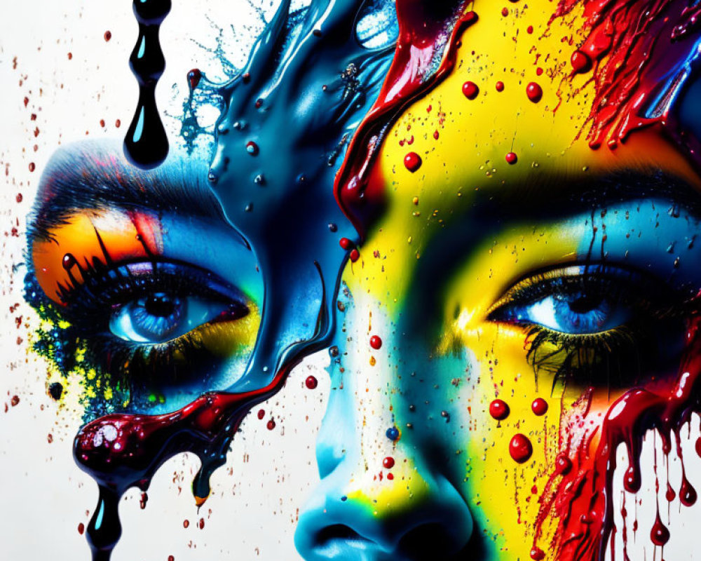 Colorful portrait of woman with dripping paint showcasing bold makeup