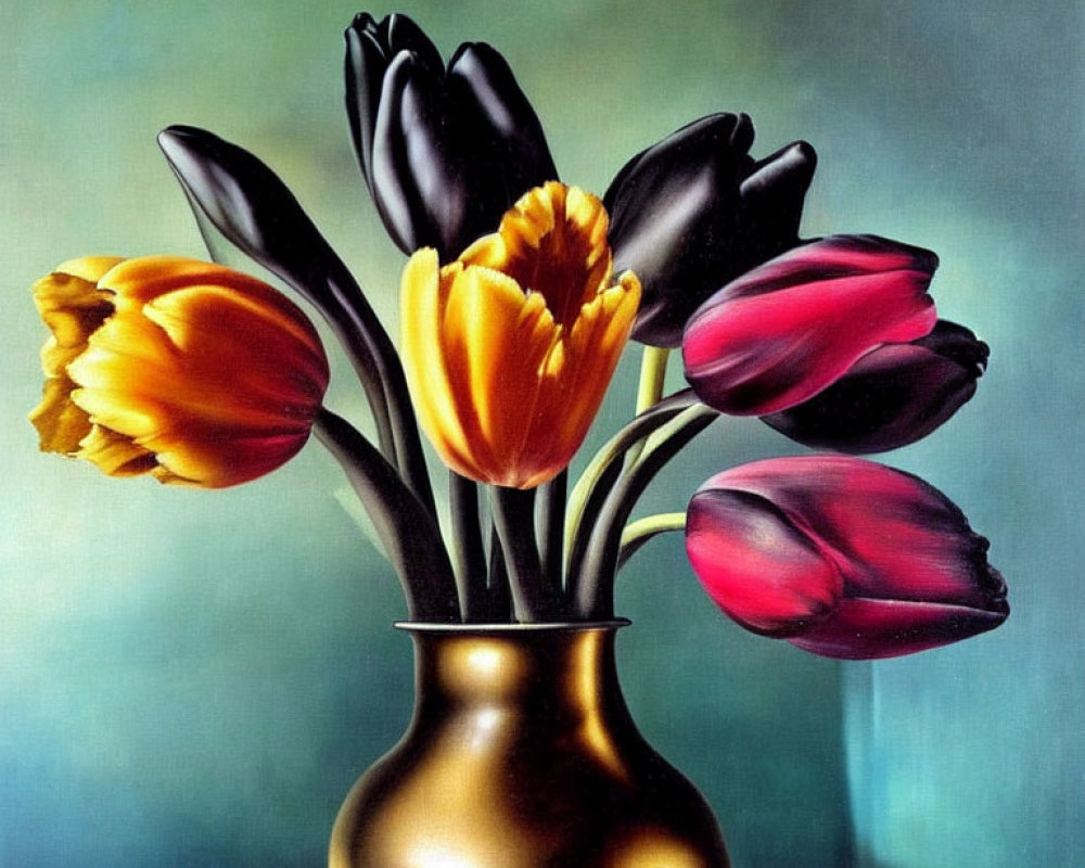 Colorful tulips in golden vase on green background