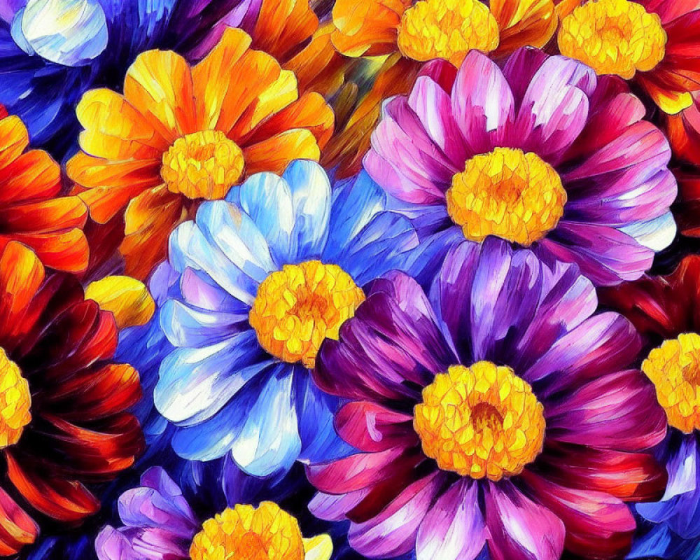 Colorful Daisy-Like Flowers Painting with Blue, Orange, Purple, and Red Petals