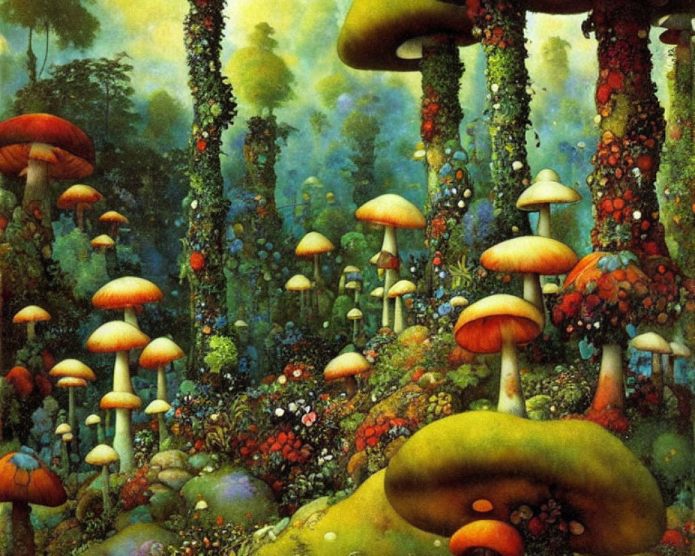 Colorful oversized mushrooms in vibrant fantasy forest.