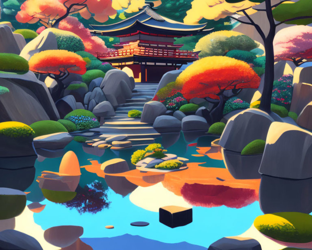 Asian temple in vibrant autumn landscape with pond and rocks