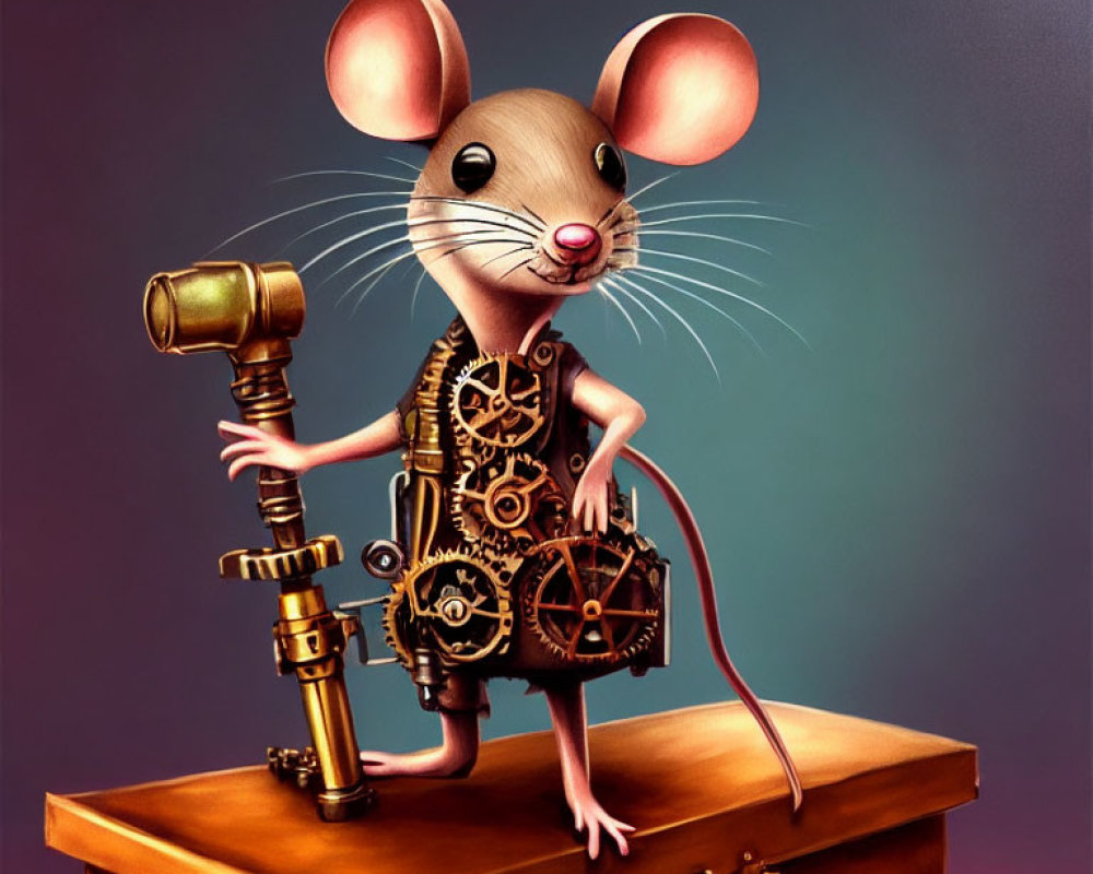 Steampunk mouse with clock parts and key on purple background