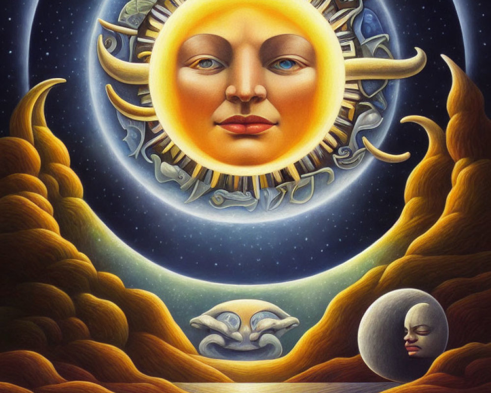 Celestial-themed artwork with Sun and Moon faces in serene landscape