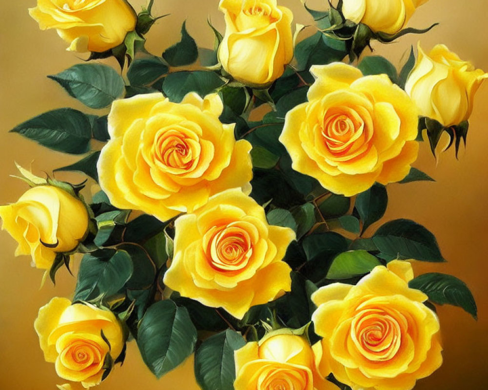 Vibrant Yellow Roses Painting on Golden Background