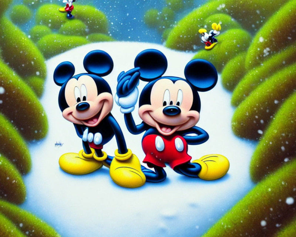 Animated characters in winter landscape with snow and Donald Duck in background