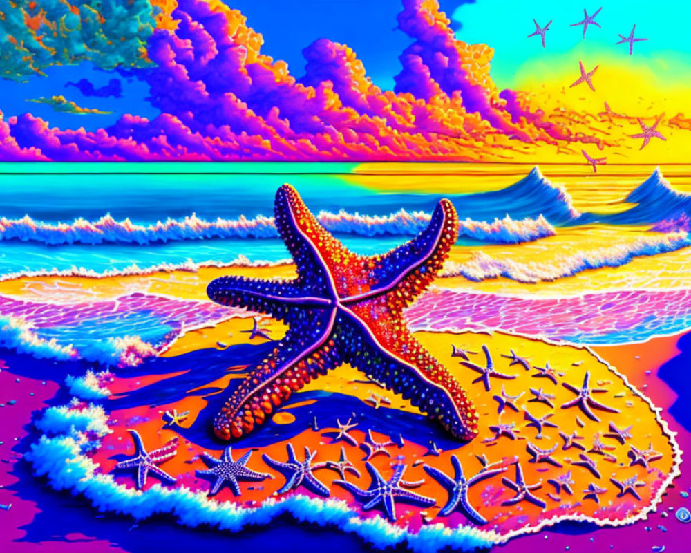 Colorful surreal beachscape with starfish and vibrant sky.