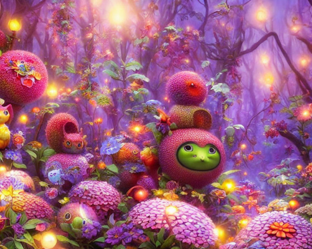 Whimsical creatures in vibrant fantasy forest with glowing flowers