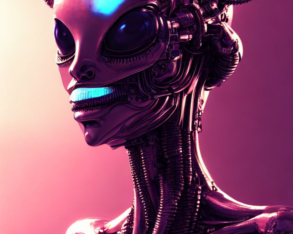 Futuristic robotic humanoid with intricate mechanical details and glowing blue eyes on purple backdrop