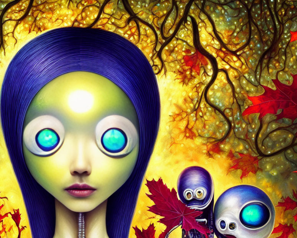 Colorful illustration: Girl with blue eyes and whimsical creatures in autumn setting