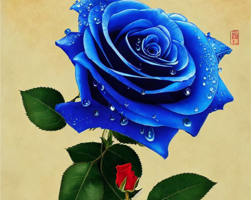 Vibrant blue rose with water droplets, red rosebud, green leaves on pale background