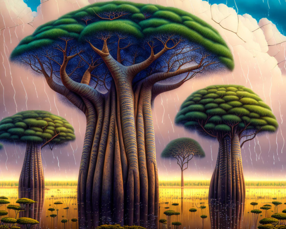 Surreal artwork of oversized baobab-like trees in a stormy landscape