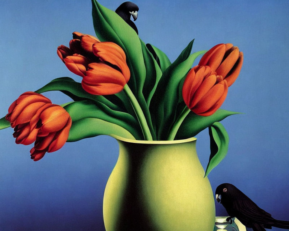 Bright orange tulips in yellow vase on blue background with black birds