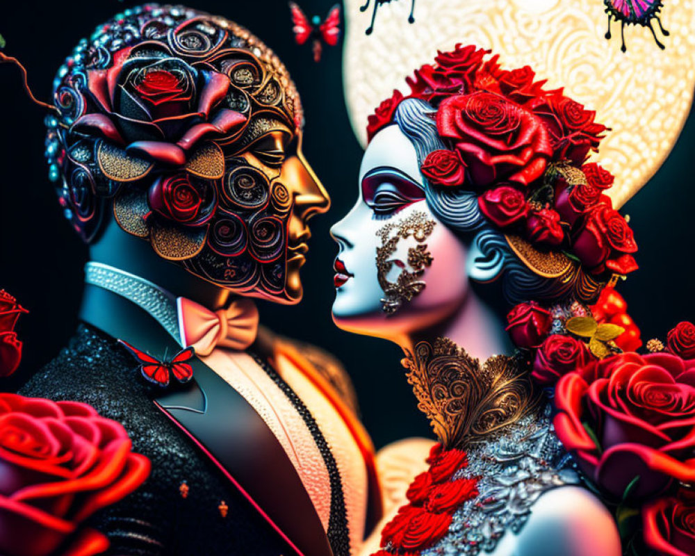 Vibrant Day of the Dead digital artwork with couple, floral, skull motifs