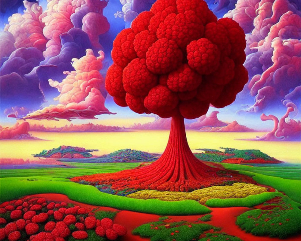 Colorful landscape with red tree, flower fields, and distant islands