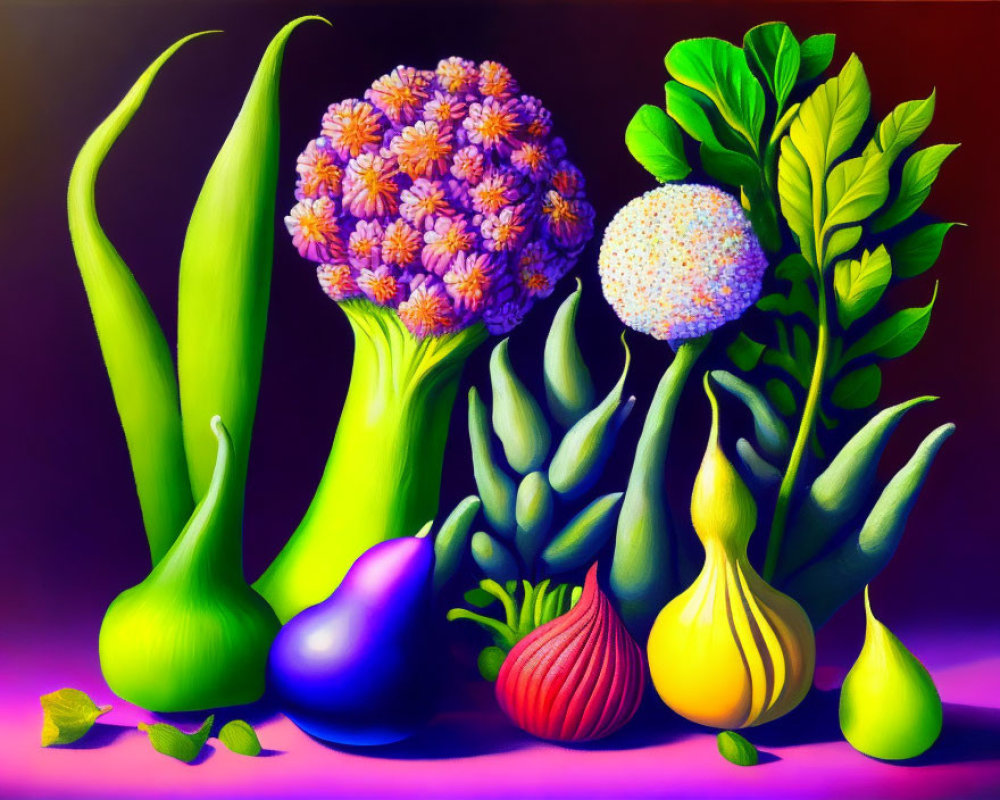 Colorful Still Life Painting of Vegetables and Flowers