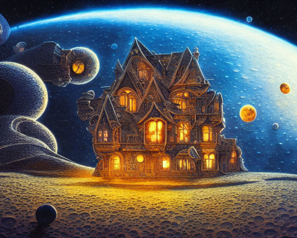 Victorian house on moon-like surface with cosmic backdrop.