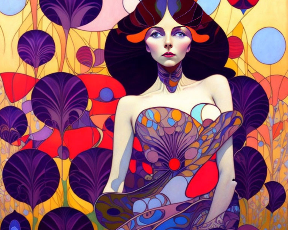 Stylized illustration of woman with pale skin, dark hair, and blue eyes among colorful flora