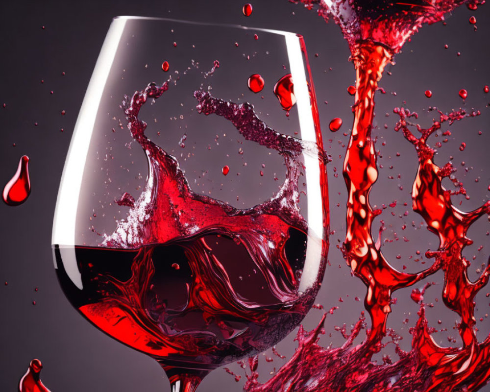 Dynamic Red Wine Splashes on Dark Background: Vibrant Movement and Reflections