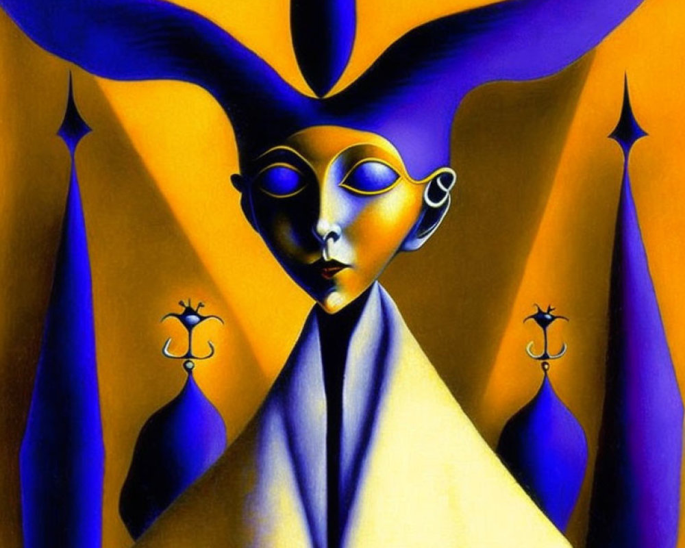 Vibrant surrealistic painting of face with abstract shapes in yellow and purple