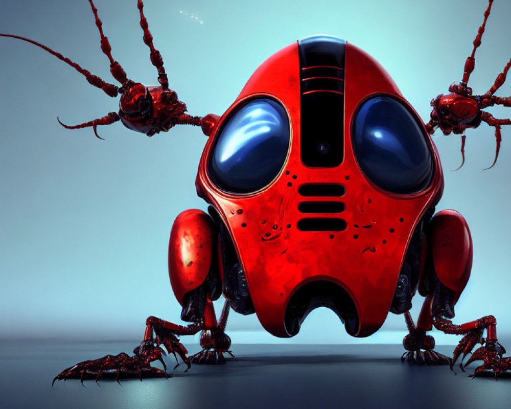 Red Insect-Like Robot Surrounded by Small Creatures on Blue Background