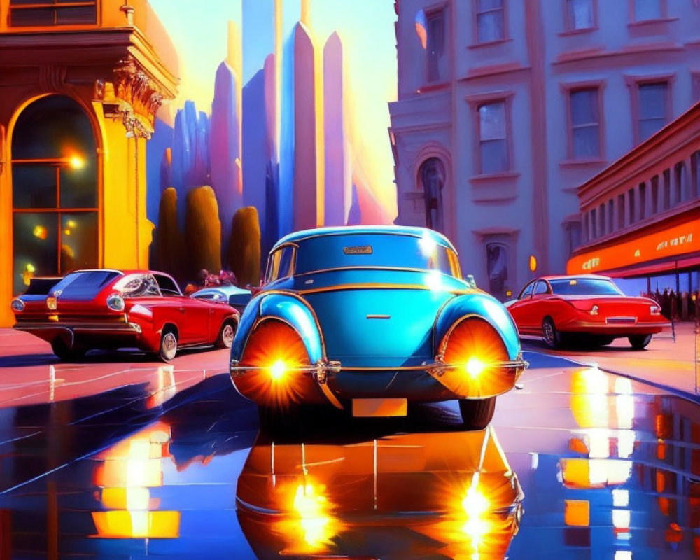 Vibrant cityscape at sunset with vintage car on wet pavement