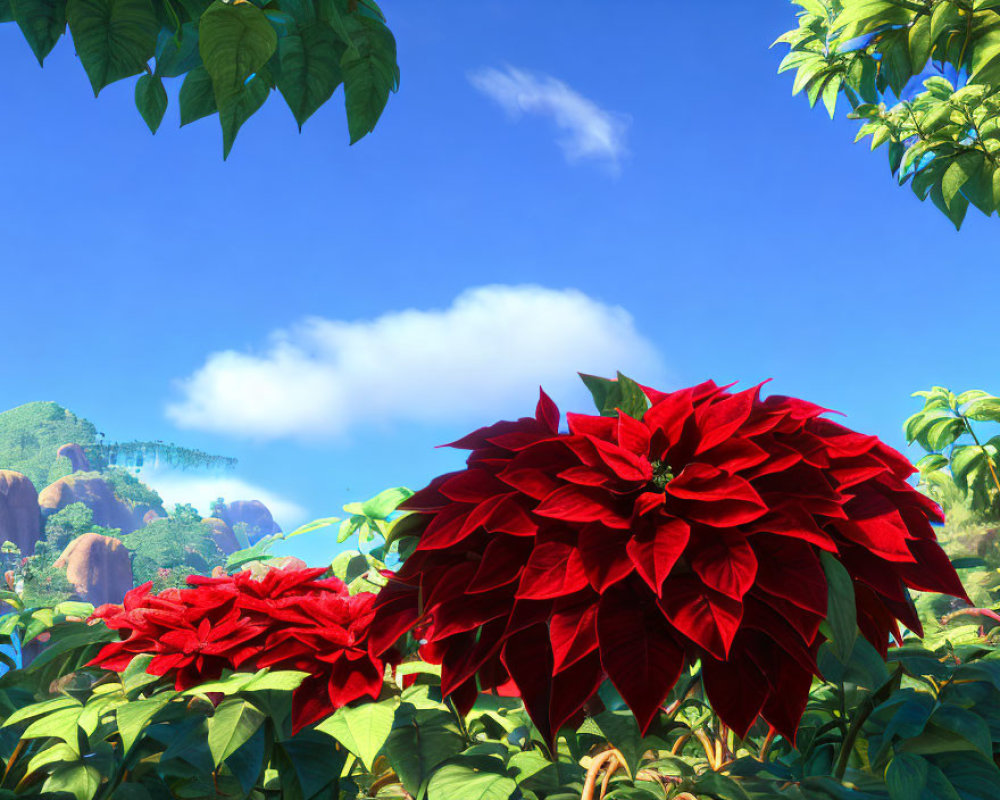 Vibrant red flowers, lush greenery, clear blue sky, distant mountains