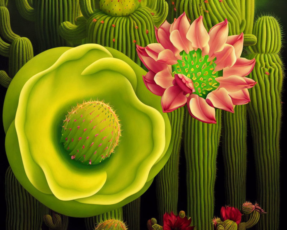 Colorful painting of pink and yellow-green flowers in a cactus garden at night