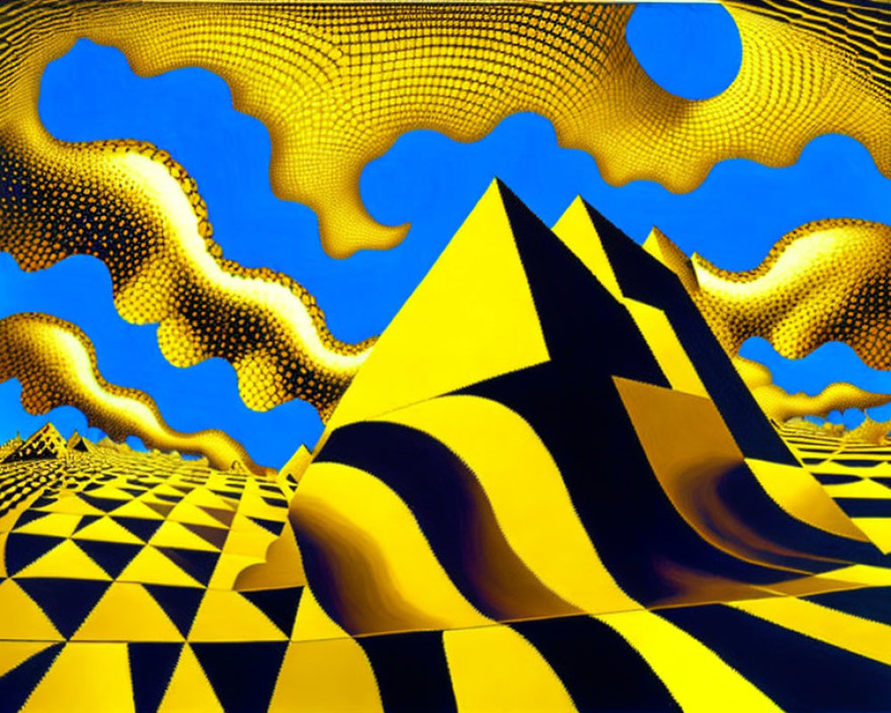 Yellow and Black Abstract Wavy Landscape with Checkered Pattern and Yellow Sphere