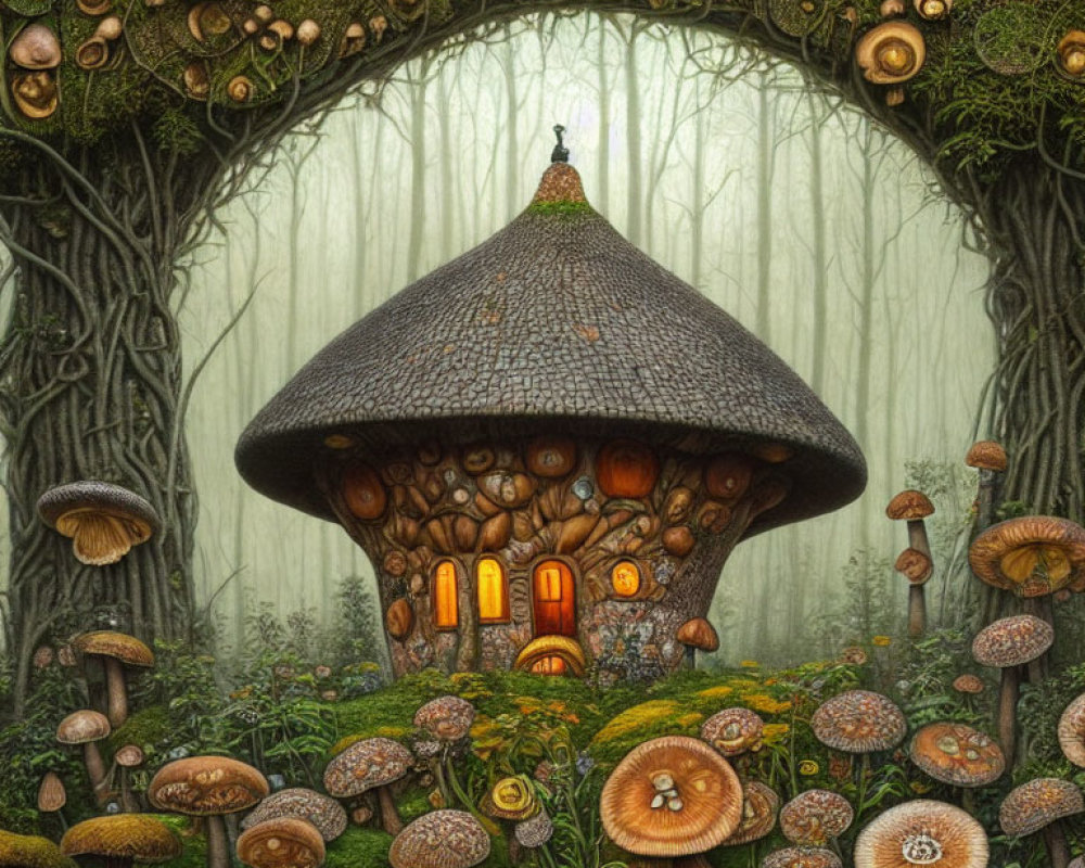 Mushroom House in Enchanted Forest with Glowing Windows