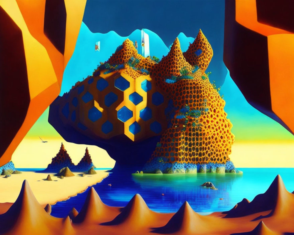 Surreal landscape with honeycomb structures, sand dunes, blue water, and floating elements