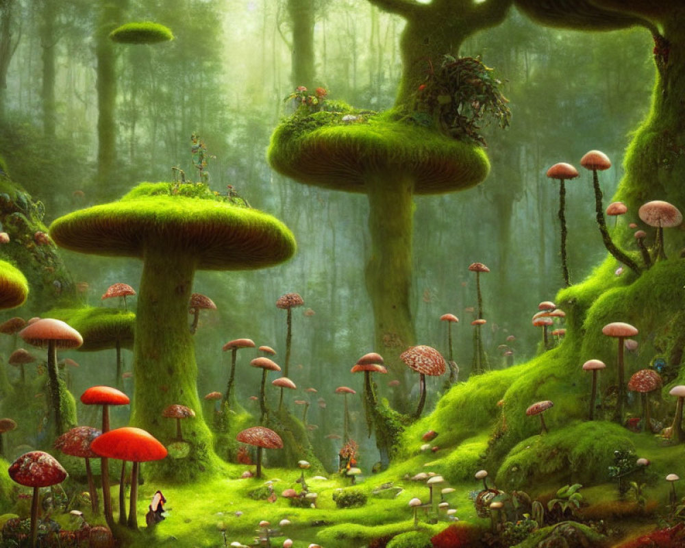 Mystical forest with oversized mushroom trees and mystical creatures