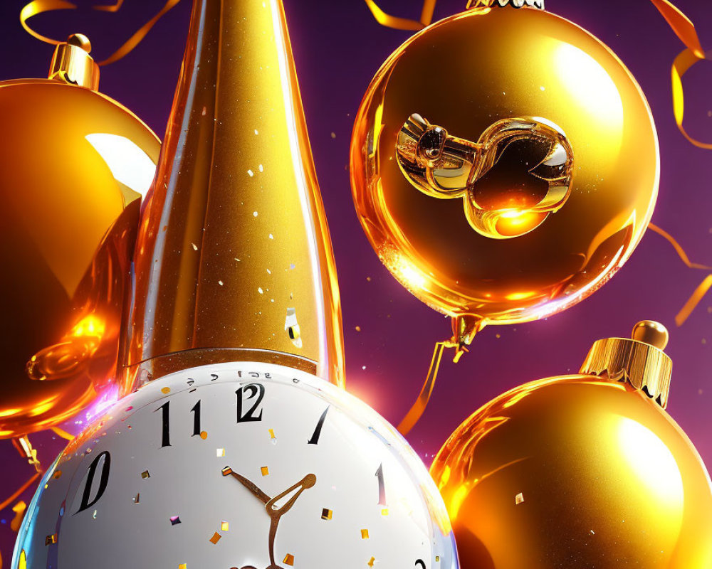 Golden champagne bottles, shiny baubles, clock near midnight in festive New Year's Eve scene