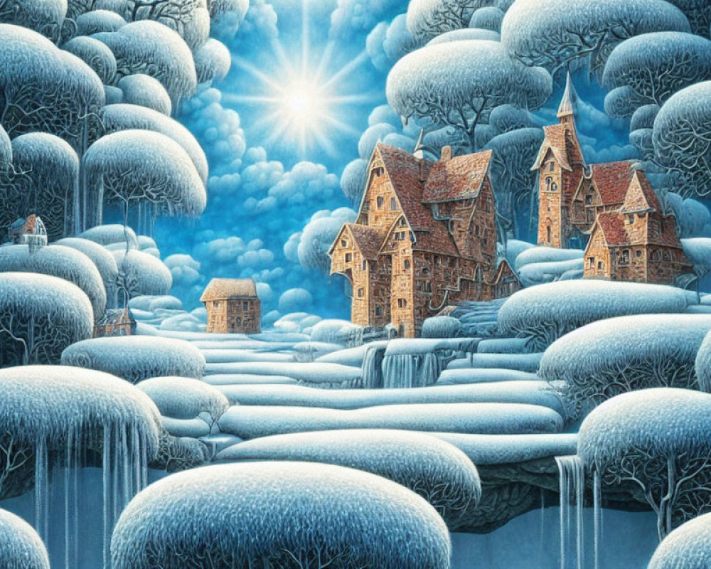 Snowy Trees, River, Waterfalls & Quaint Houses in Fantasy Winter Scene