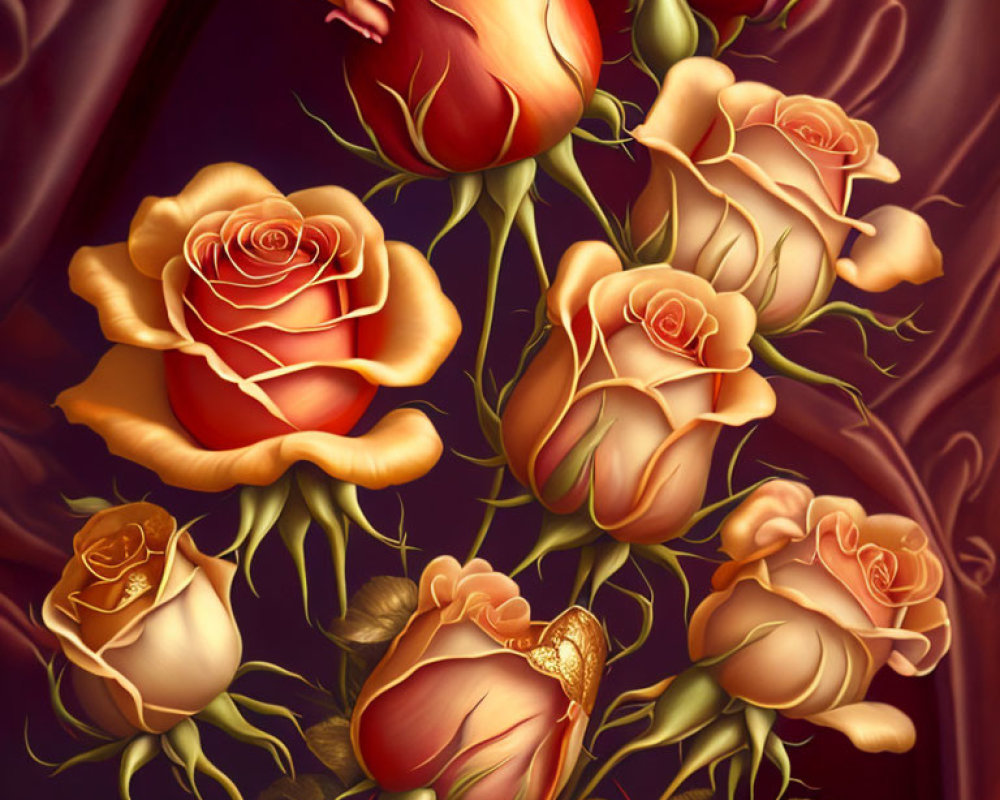 Detailed digital painting: Red and peach roses bouquet with gold-trimmed leaves on dark background