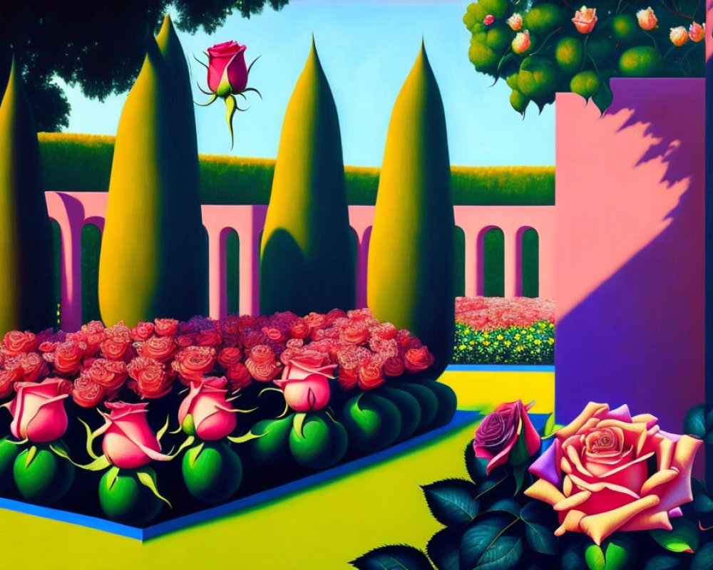 Colorful Surrealist Garden with Geometric Hedges & Fruit Trees