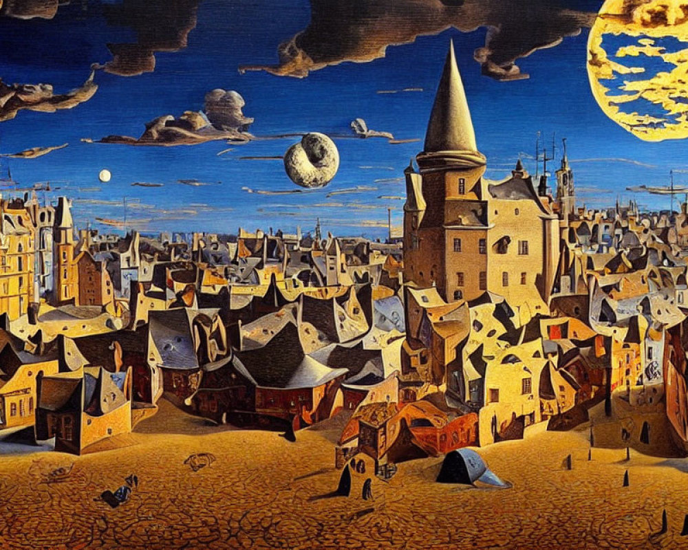 Surreal cityscape painting with elongated structures and dual moons in the sky