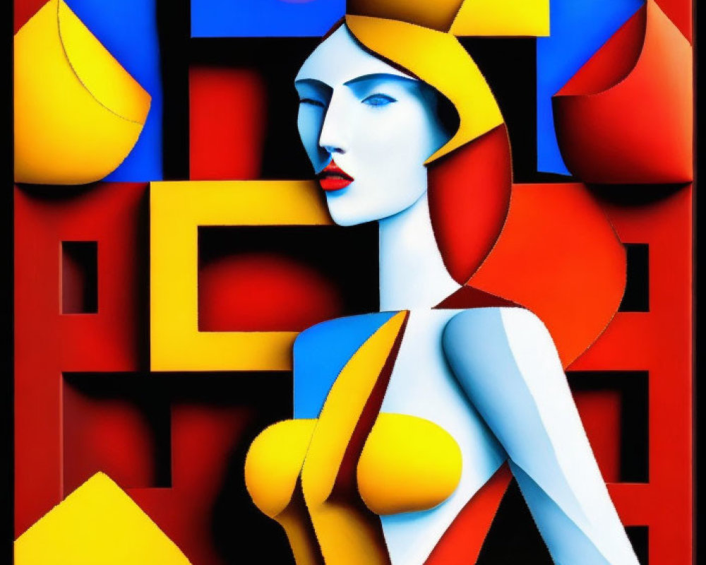 Vibrant abstract portrait with geometric shapes and stylized female figure