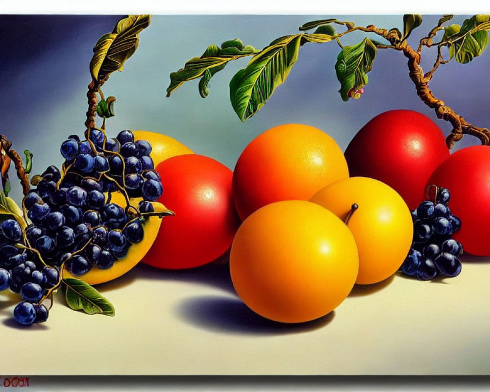 Realistic painting of vibrant purple grapes and citrus fruits on light surface